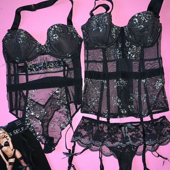 Victoria's Secret 32B GARTER corset+TEDDY one-piece+XS thong BLACK silver foil - Picture 2 of 8